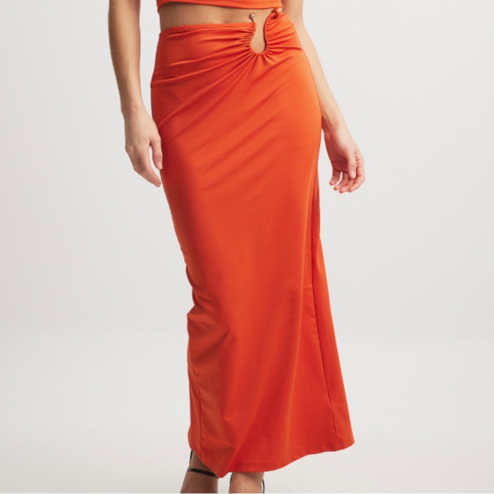 Orange Maxi Pencil Skirt with Cutout